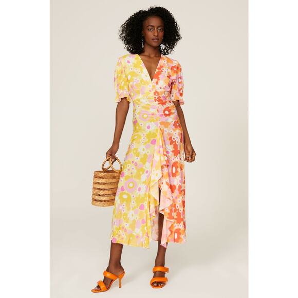 Rixo Ariel Floral Colorblock Ruffled V-Neck Short Sleeve Cocktail Maxi Dress 10 - Picture 1 of 10